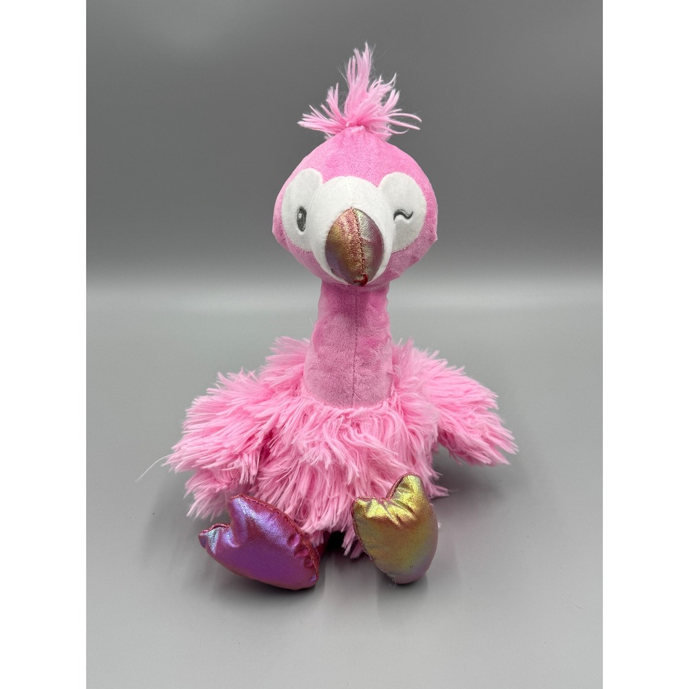 MTY International Pink Flamingo Plush Shaggy Fur Iridescent Bird 11" Stuffed Toy